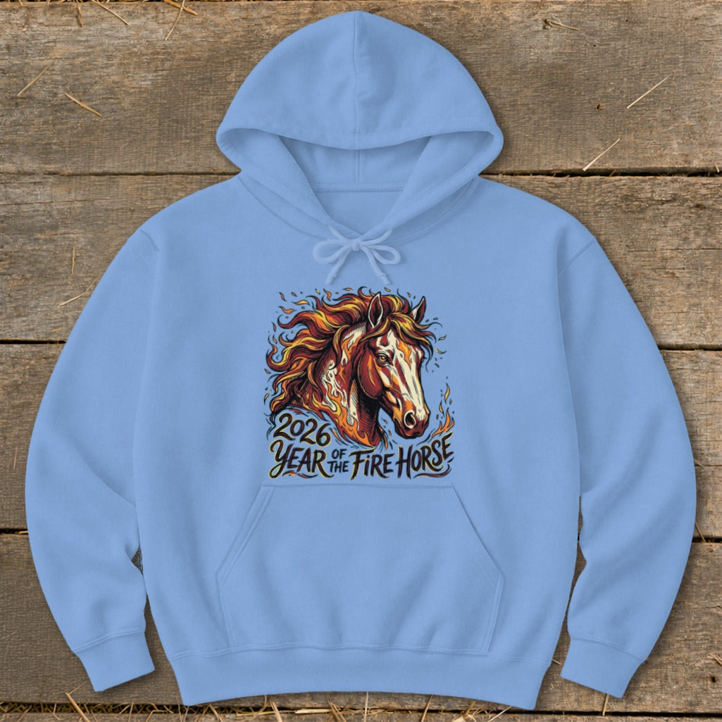 Light blue hoodie with a graphic of a fiery horse and text "2026 Year of the Fire Horse".