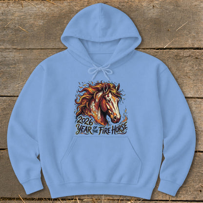 Light blue hoodie with a graphic of a fiery horse and text "2026 Year of the Fire Horse".
