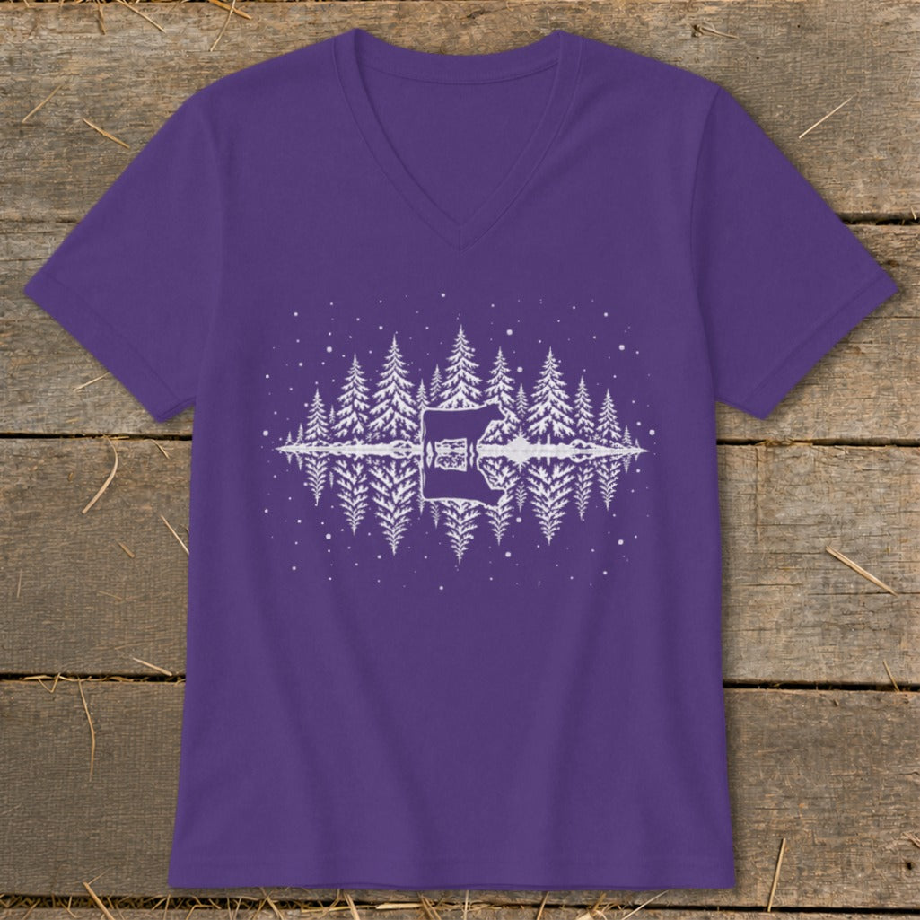 Purple v-neck shirt with white graphic of deer and pine trees reflected in water.