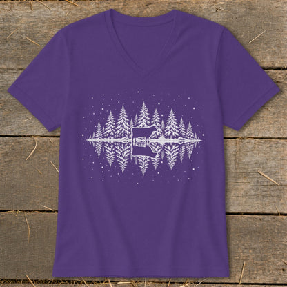 Purple v-neck shirt with white graphic of deer and pine trees reflected in water.