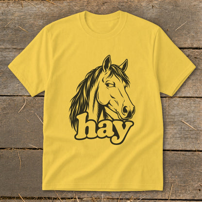 Yellow t-shirt with a black graphic of a horse's head and the word "hay".