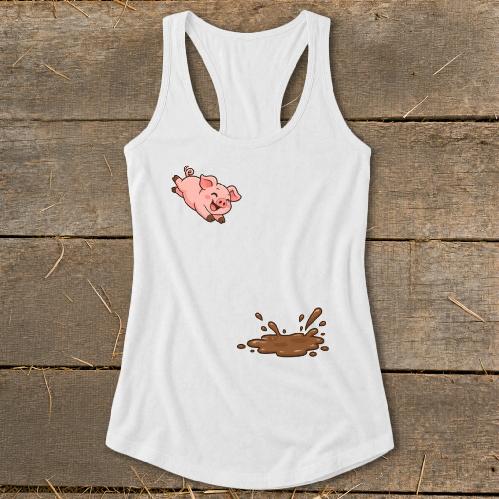 White tank top with a cartoon pig jumping near a mud splash graphic.
