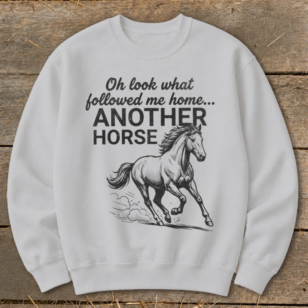 White sweatshirt with text "Oh look what followed me home... ANOTHER HORSE" and a horse graphic.