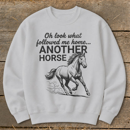 White sweatshirt with text "Oh look what followed me home... ANOTHER HORSE" and a horse graphic.