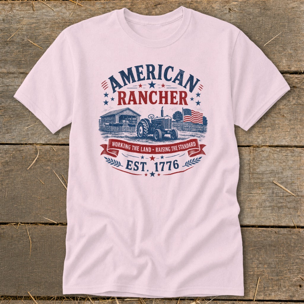 American Rancher design with a tractor, barn, and flag, "Est. 1776."