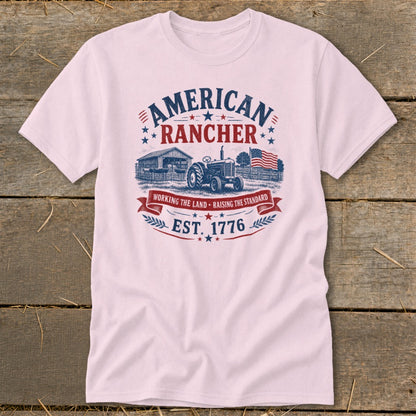 American Rancher design with a tractor, barn, and flag, "Est. 1776."