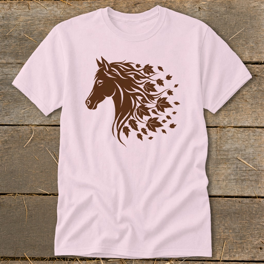 Brown horse head with flowing mane made of leaves on a light pink t-shirt.
