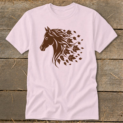 Brown horse head with flowing mane made of leaves on a light pink t-shirt.