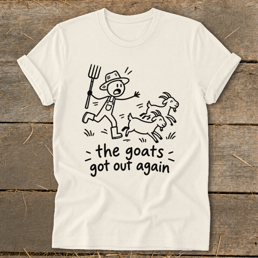 Farmer chasing goats with pitchfork, text "the goats got out again".