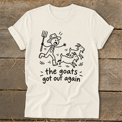Farmer chasing goats with pitchfork, text "the goats got out again".