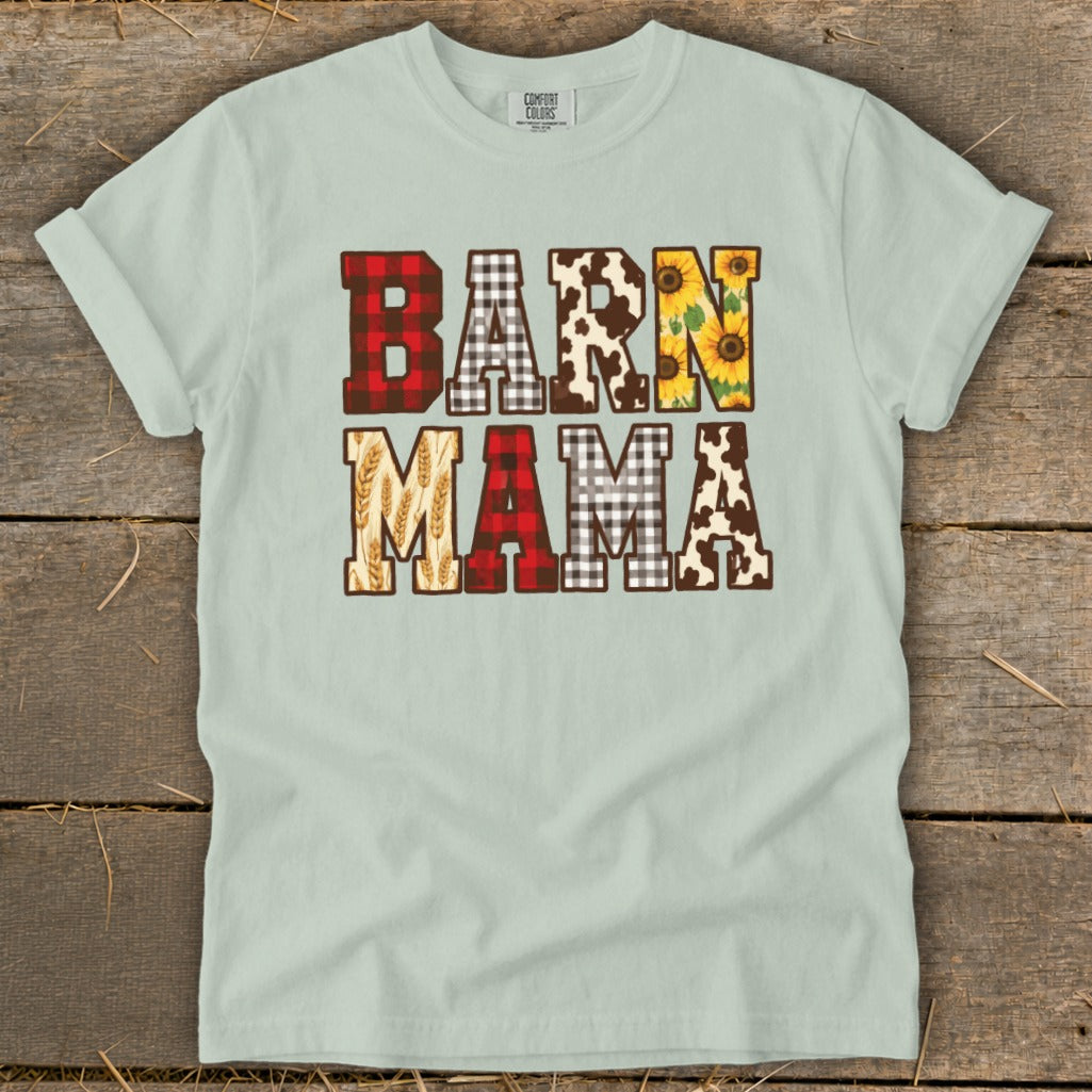 Light blue t-shirt with "BARN MAMA" text in farm-themed patterns.