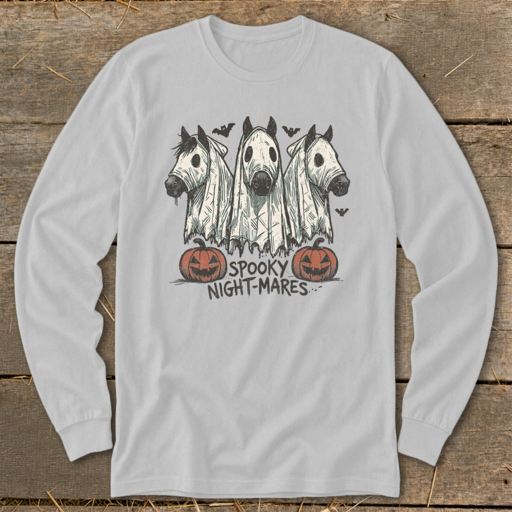 Three horses in ghost costumes with pumpkins and bats, "Spooky Night-Mares" text.