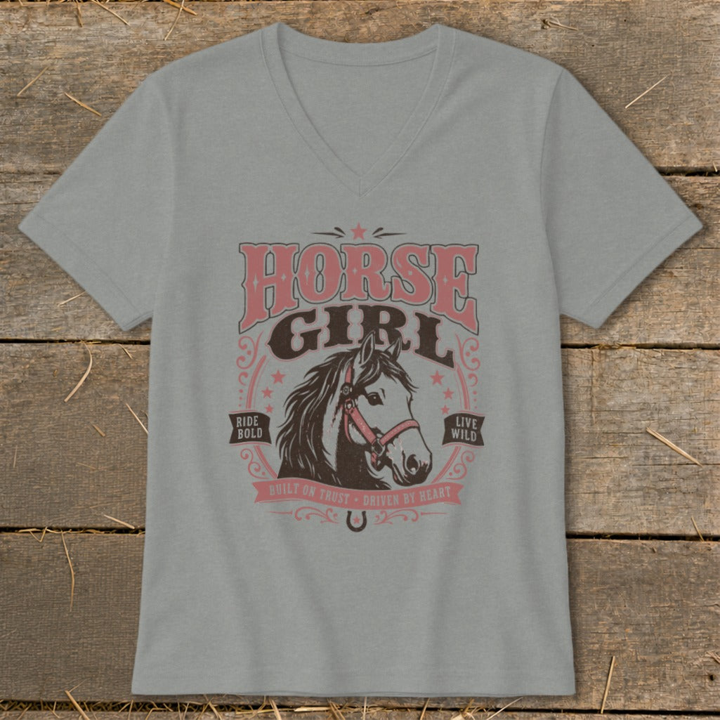 Grey v-neck t-shirt with "HORSE GIRL" text and horse graphic.