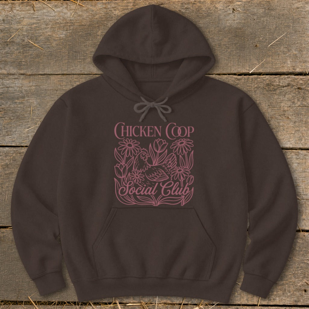 Brown hoodie with pink "Chicken Coop Social Club" text and floral chicken design.