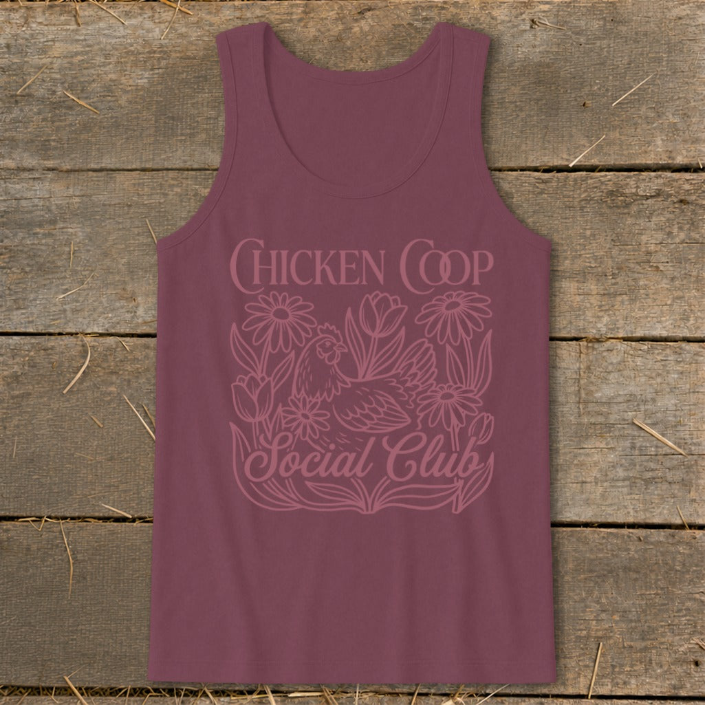 Burgundy tank top with pink "Chicken Coop Social Club" text and chicken illustration.