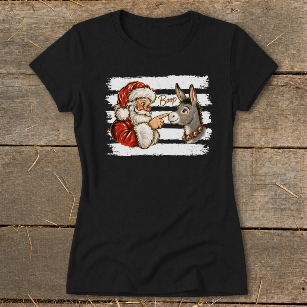 Santa booping a donkey with "Boop" written above on a striped background.