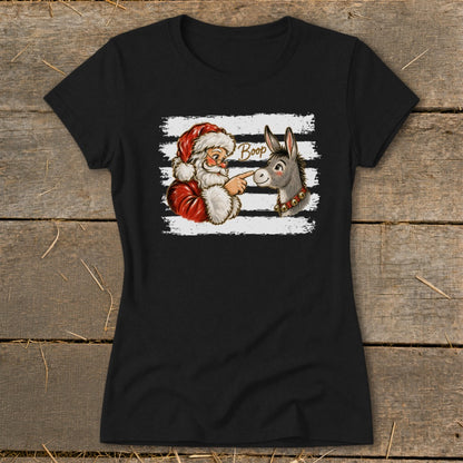 Santa booping a donkey with "Boop" written above on a striped background.