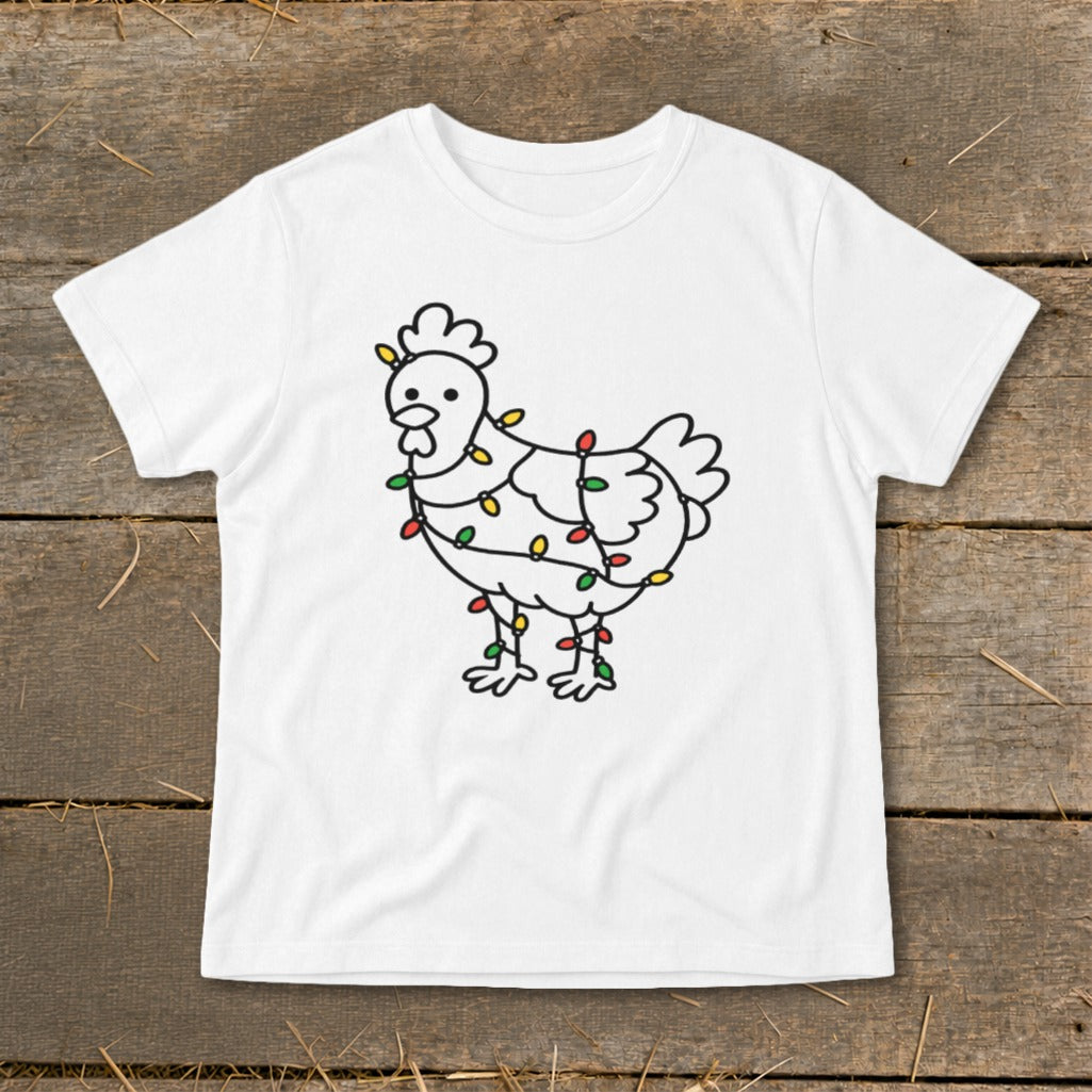 White t-shirt with a black line drawing of a chicken wrapped in colorful Christmas lights.