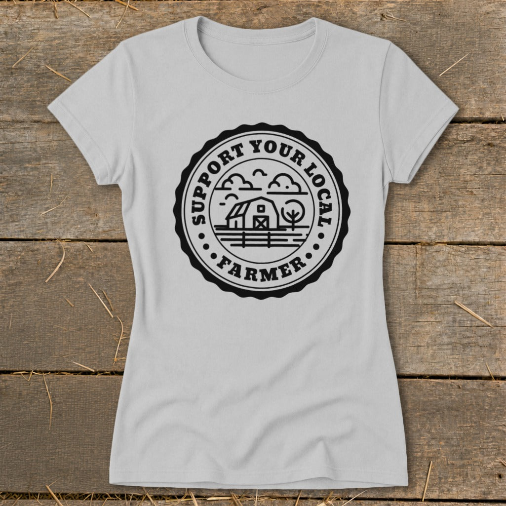 Grey t-shirt with a black circular stamp that says "Support Your Local Farmer".