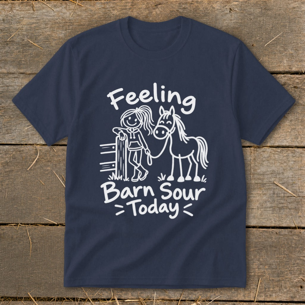 Navy t-shirt with white graphic of girl and horse, reads "Feeling Barn Sour Today".
