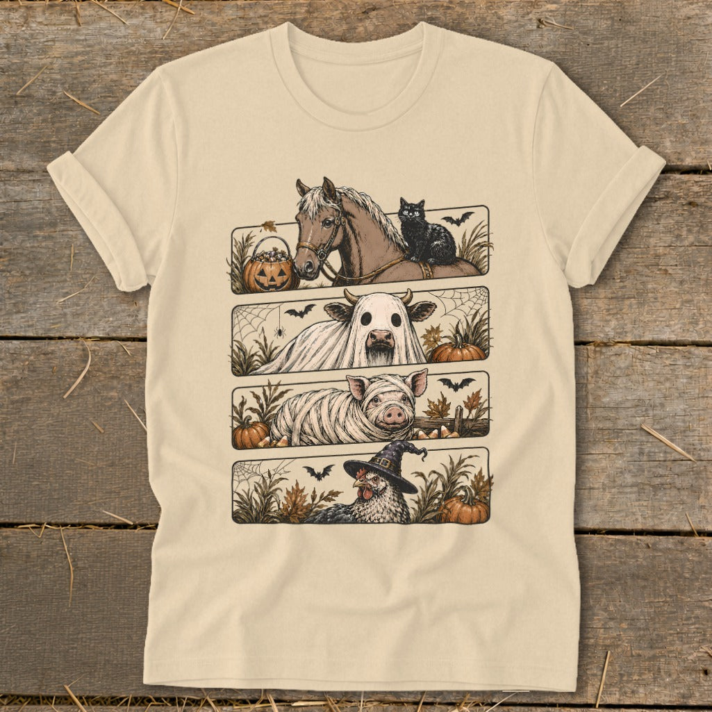 Halloween t-shirt design with horse, ghost cow, mummy pig, and witch chicken.