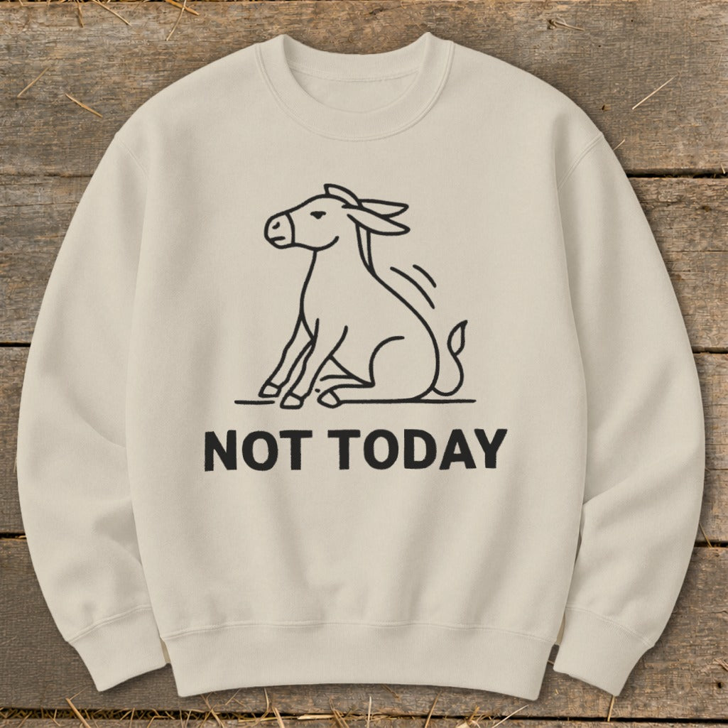 Cream sweatshirt with black line art of a sitting donkey and text "NOT TODAY".