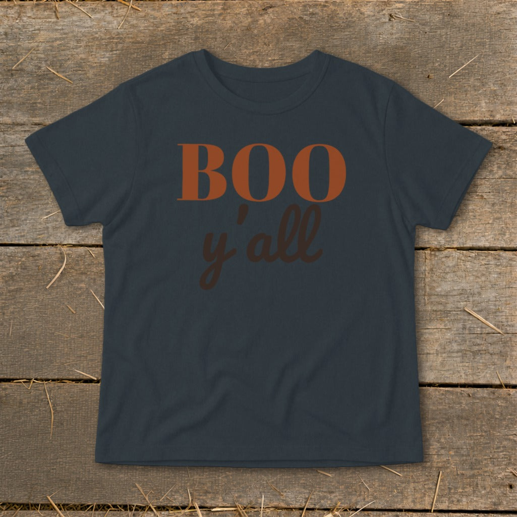 Dark grey t-shirt with "BOO y'all" text in orange and brown.