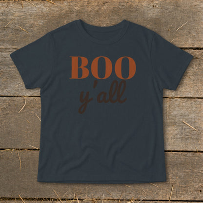 Dark grey t-shirt with "BOO y'all" text in orange and brown.