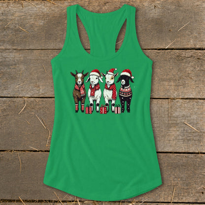 Green tank top with four cartoon goats wearing Santa hats and festive sweaters and scarves.