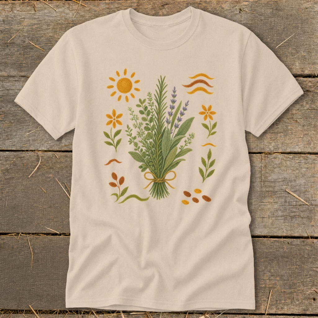 Cream t-shirt with a bouquet of herbs and flowers, a sun, and wavy lines.