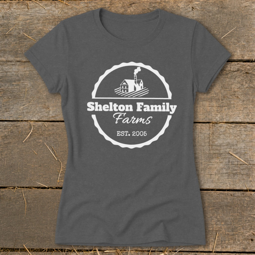 Gray t-shirt with white "Shelton Family Farms EST. 2005" logo and farm graphic.