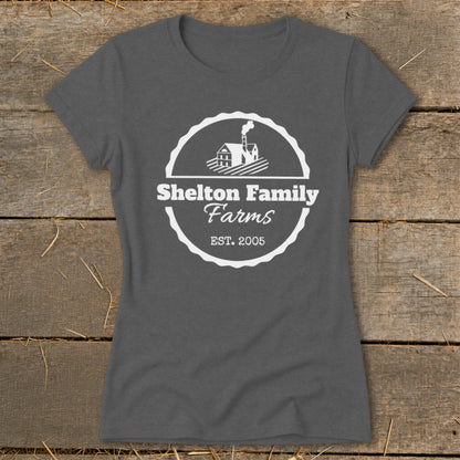 Gray t-shirt with white "Shelton Family Farms EST. 2005" logo and farm graphic.