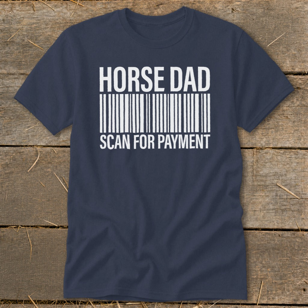 Navy t-shirt with "HORSE DAD SCAN FOR PAYMENT" text and barcode.