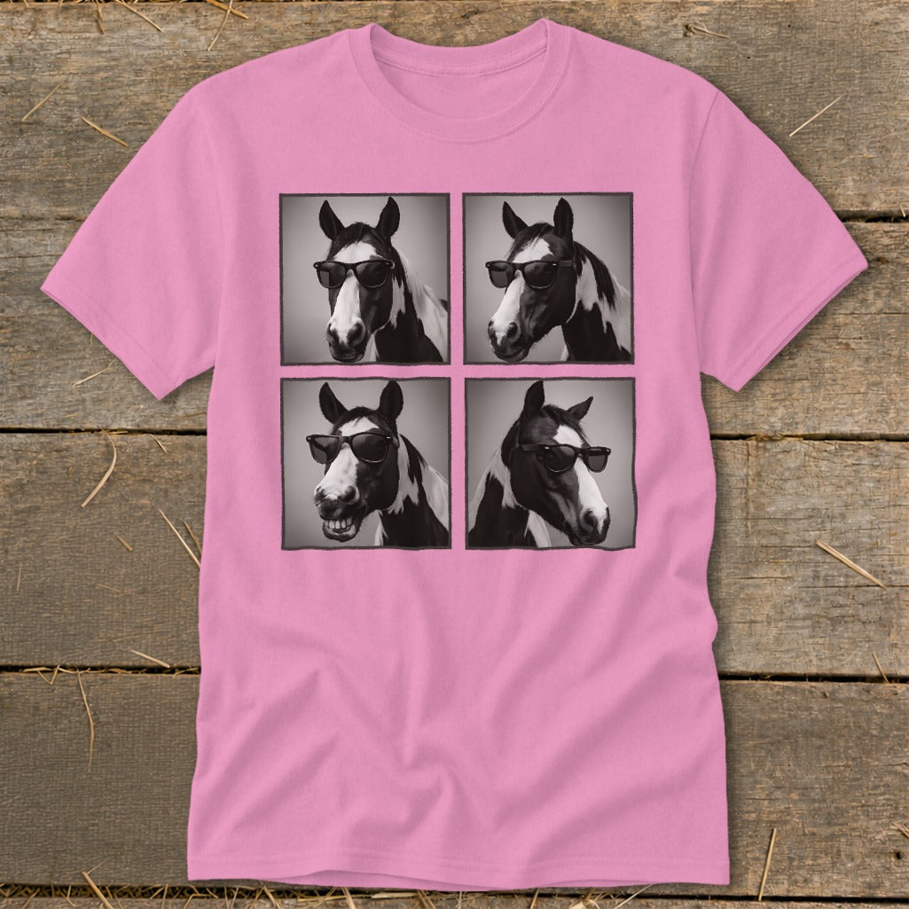 Four panels of a black and white horse wearing sunglasses on a pink t-shirt.