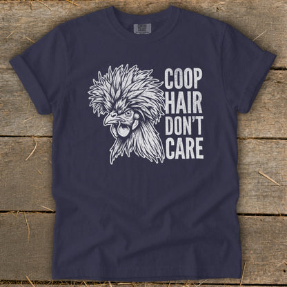 Dark navy t-shirt with a white graphic of a Polish chicken and text "COOP HAIR DON'T CARE".