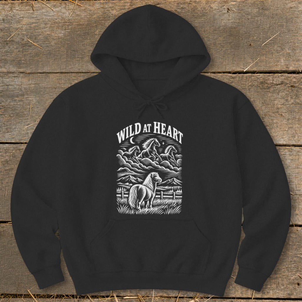 Black hoodie with white "Wild At Heart" text and horse graphic.