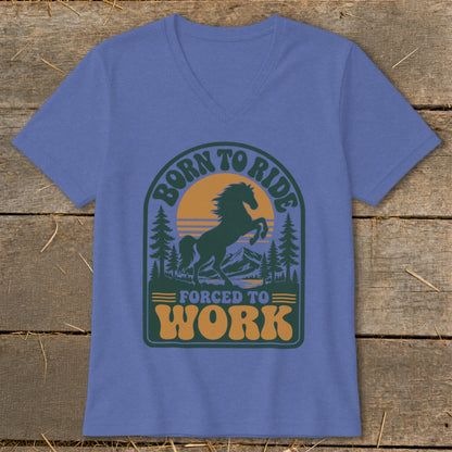 T-shirt with "Born to Ride Forced to Work" text and horse silhouette in a sunset landscape.
