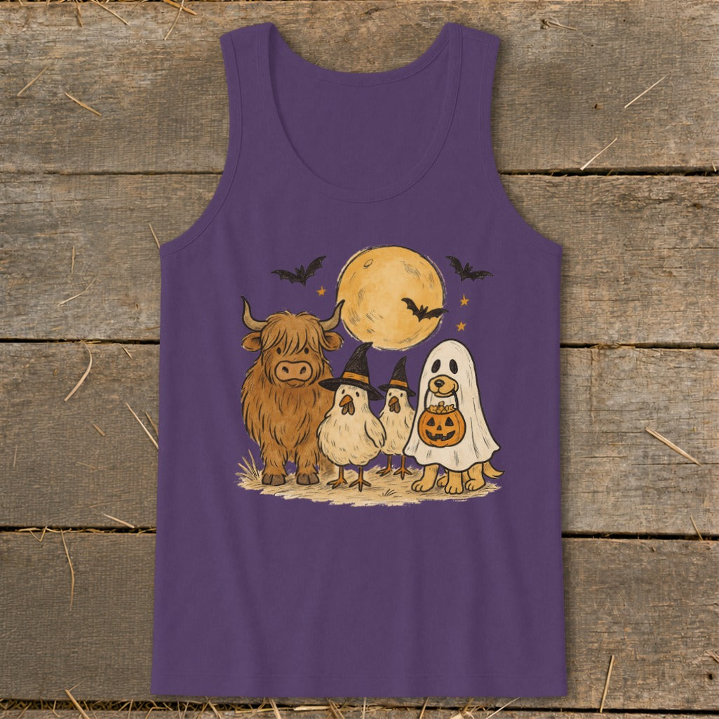 Highland cow, chicks, and ghost dog trick-or-treating under a full moon.