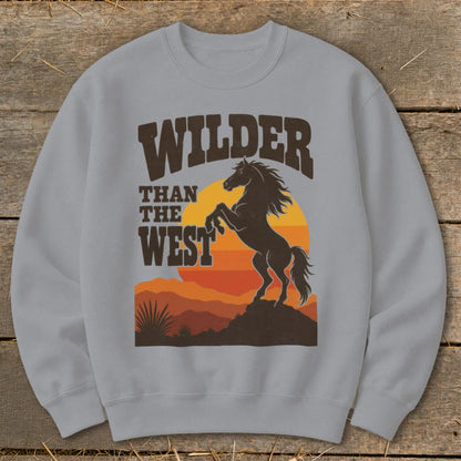 Light gray sweatshirt with a graphic of a rearing horse and "Wilder than the West" text.