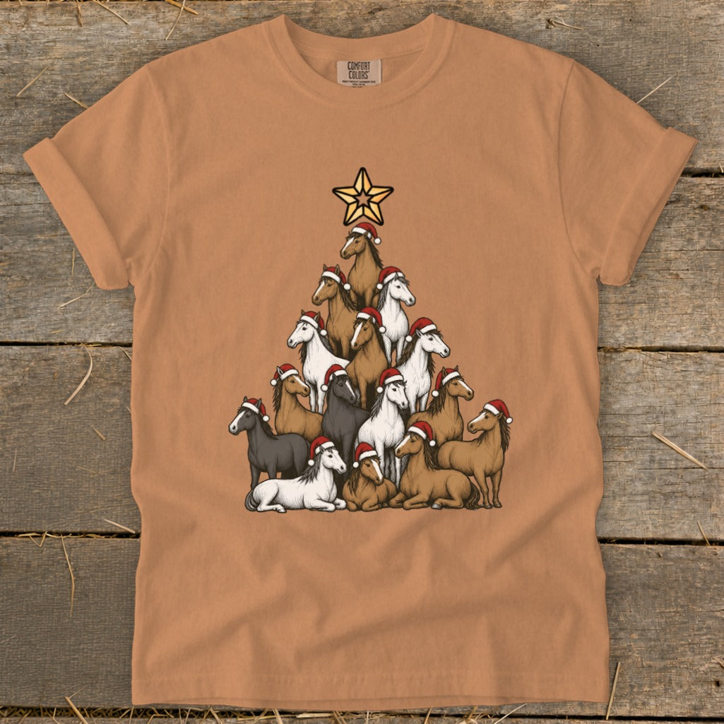 T-shirt with a Christmas tree formed by horses wearing Santa hats.