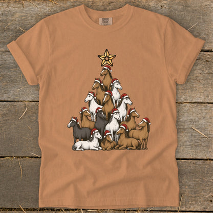 T-shirt with a Christmas tree formed by horses wearing Santa hats.