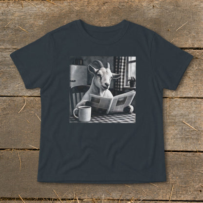 Dark gray short-sleeved t-shirt featuring a graphic of a goat sitting at a table reading a newspaper.