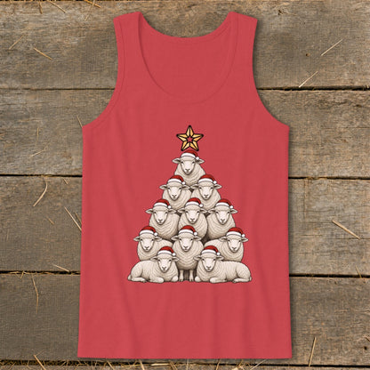 Red tank top with a Christmas tree made of sheep wearing Santa hats.