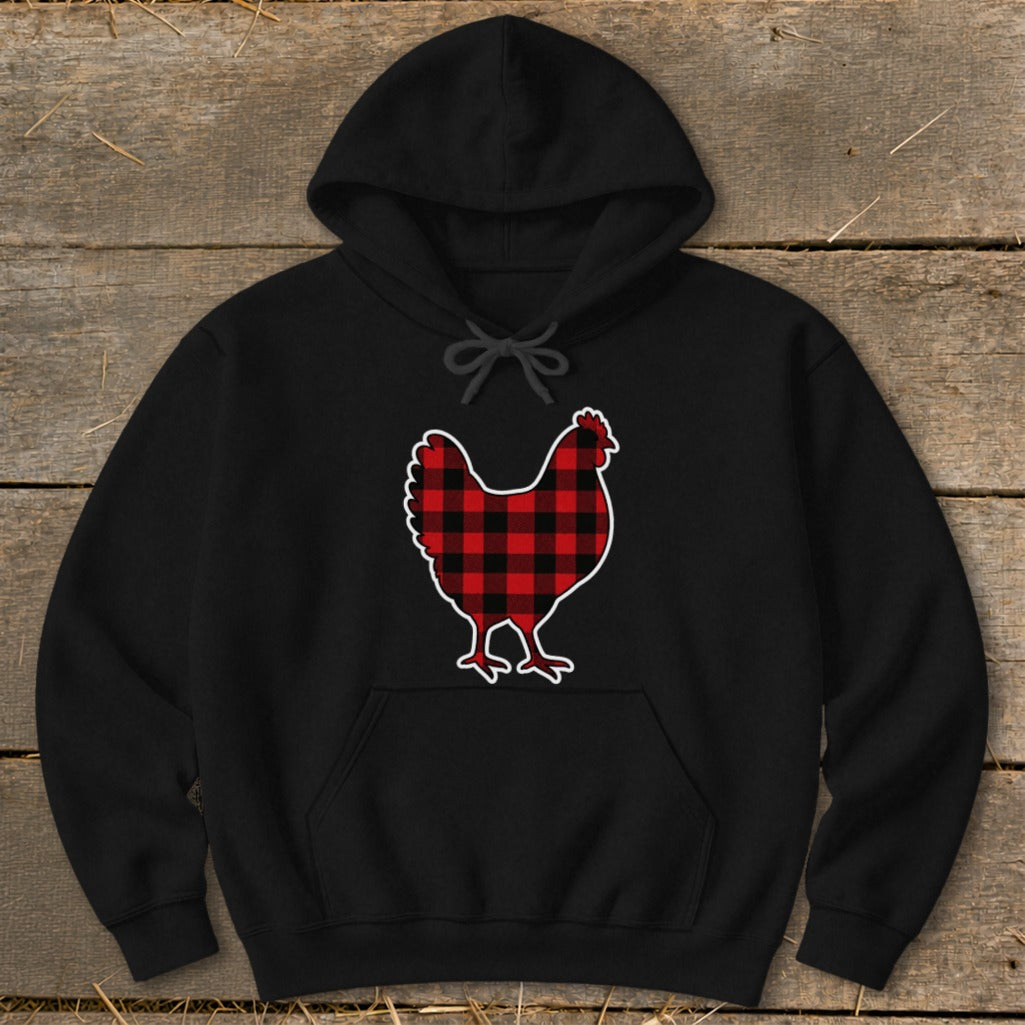 Black hoodie with a red and black buffalo plaid chicken graphic.