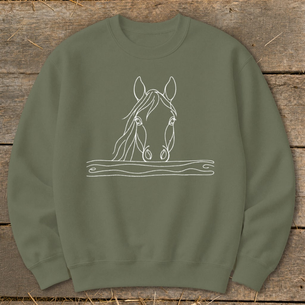 Olive green sweatshirt with a white line drawing of a horse's head and wavy lines.