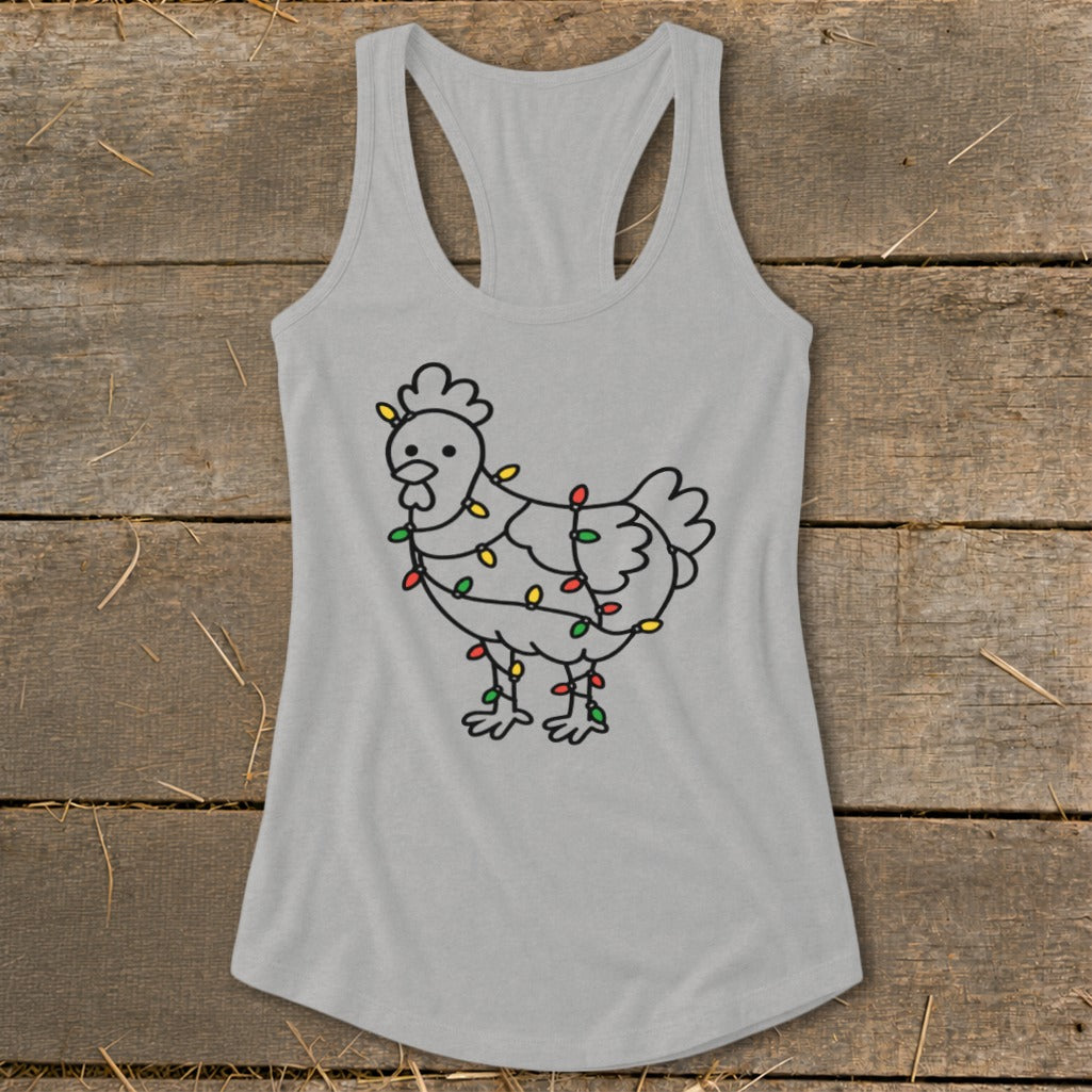 Gray tank top with a line drawing of a chicken wrapped in colorful holiday lights.