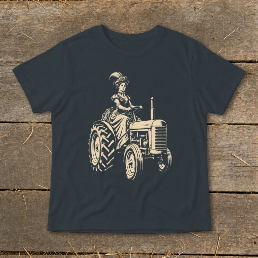 Vintage-style drawing of a woman in a formal dress driving a tractor.