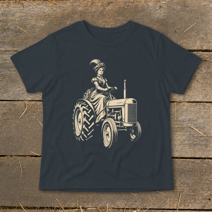 Vintage-style drawing of a woman in a formal dress driving a tractor.