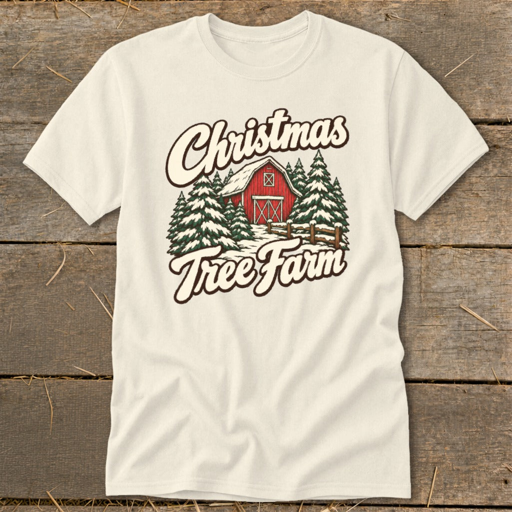 Cream t-shirt with "Christmas Tree Farm" text and barn and trees graphic.