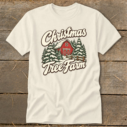 Cream t-shirt with "Christmas Tree Farm" text and barn and trees graphic.